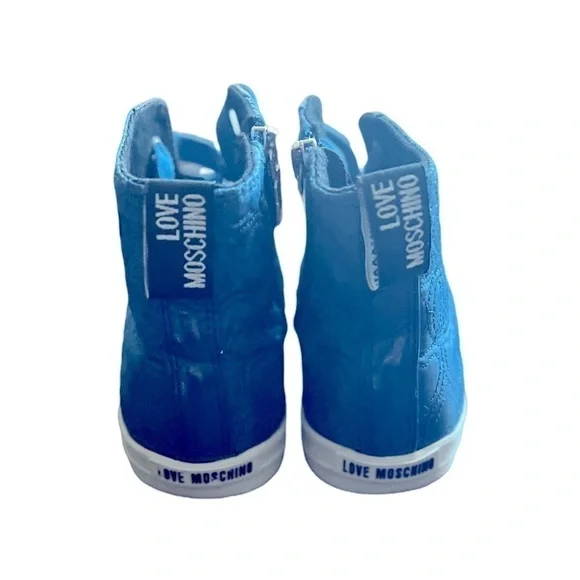 Love Moschino Blue Quilted Hearts Peace Sign High Top Sneakers - Picture 3 of 6